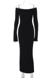 Black Off-Shoulder Ribbed Knit Bodycon Maxi Dress Long Sleeve Slim Fit Casual Holiday Party Evening Gown