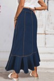Deep Blue Casual High Waist Ruffled Hem Pleated Denim Maxi Skirts