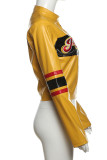 Yellow Sporty Zip-Up Cropped Jacket Embroidered Stand Collar Long Sleeve  Casual Outings Women Outerwear