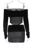 Black Off-Shoulder Two Piece Denim Skirt Set Nightout Party Ribbed Sleeve Cut-Out Top and Mini Skirt