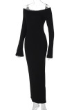 Black Off-Shoulder Ribbed Knit Bodycon Maxi Dress Long Sleeve Slim Fit Casual Holiday Party Evening Gown