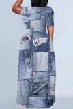 Multicolor Casual Street Faux Denim Print O Neck Short Sleeve Plus Size Straight Loose Maxi Dresses