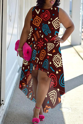 Brown Casual Graphic Print Sleeveless O Neck Irregular Hem Plus Size Straight Midi Dresses