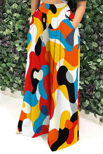 Multi-color Casual Camouflage Print Stripe Pocket High Waist Straight Loose Wide Leg Pants