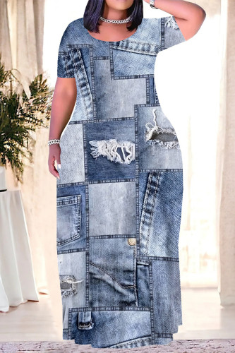 Baby Blue Casual Street Faux Denim Print O Neck Short Sleeve Plus Size Straight Loose Maxi Dresses