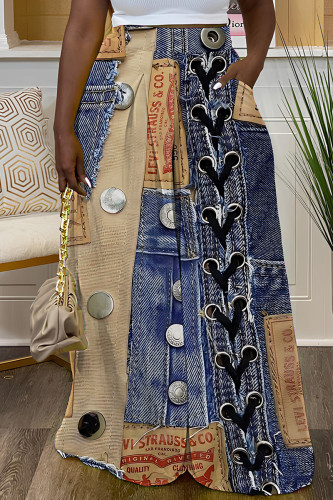 Blue Khaki Casual Faux Denim Print High Waist Wide Leg Trousers