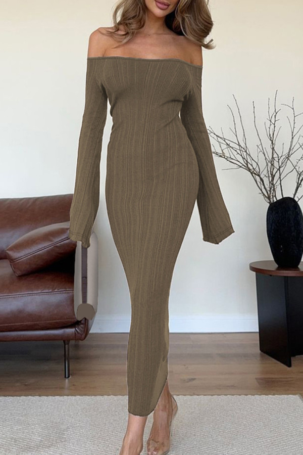 Khaki Off-Shoulder Ribbed Knit Bodycon Maxi Dress Long Sleeve Slim Fit Casual Holiday Party Evening Gown