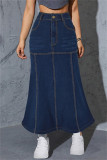 Deep Blue Casual High Waist Pocket Straight Denim Maxi Skirts