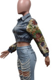 Light Blue Casual Solid Color Pocket Buckle Patchwork Turndown Collar Long Sleeve Regular Denim Jacket