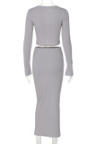 Grey Long Sleeve Cut-Out Crop Top and Maxi Skirt Casual Outings Date Night Bodycon Two Piece Dress Set