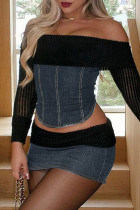 Blue Off-Shoulder Two Piece Denim Skirt Set Nightout Party Ribbed Sleeve Cut-Out Top and Mini Skirt