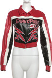 Red Zip-Up Sports Cropped Jacket Embroidered Graphic Stand Collar Long Sleeve Streetwear Outerwear