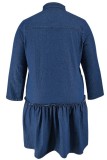 Blue Casual Deep V Neck Long Sleeve Pleated Vacation Denim Mini Dresses