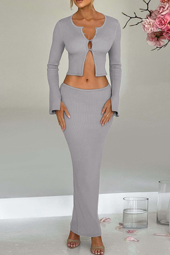 Grey Long Sleeve Cut-Out Crop Top and Maxi Skirt Casual Outings Date Night Bodycon Two Piece Dress Set