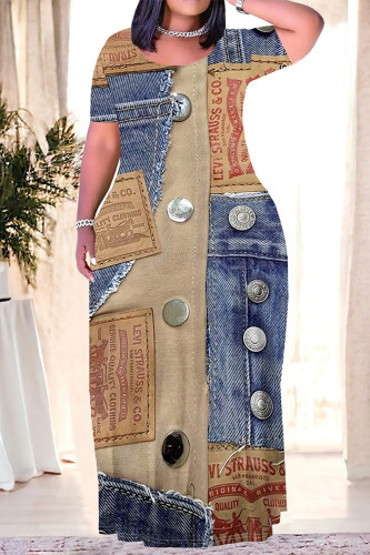 Multicolor Casual Street Faux Denim Print O Neck Short Sleeve Plus Size Straight Loose Maxi Dresses