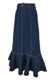 Deep Blue Casual High Waist Ruffled Hem Pleated Denim Maxi Skirts