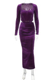 Purple Formal Velvet Corset Long Sleeve Top and Bodycon Maxi Skirt Sweetheart Neckline Ruched Two Piece Dress Set
