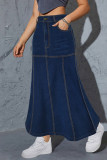 Deep Blue Casual High Waist Pocket Straight Denim Maxi Skirts