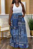 Blue Khaki Casual Faux Denim Print High Waist Wide Leg Trousers