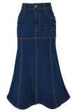 Deep Blue Casual High Waist Pocket Straight Denim Maxi Skirts