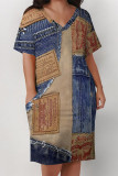 Blue Coffee Casual Street Faux Denim Print V Neck Short Sleeve Plus Size Straigh Midi Dresses