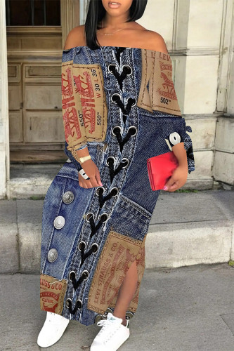 Dark Blue Sexy Street Faux Denim Print Lace Up Slit Off Shoulder Long Sleeve Straight Maxi Dresses