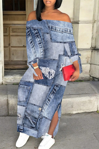 Baby Blue Sexy Street Faux Denim Print Lace Up Slit Off Shoulder Long Sleeve Straight Maxi Dresses
