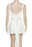 White Sweet Sleeveless Backless With Bow Square Collar Holiday Party Mini Dress