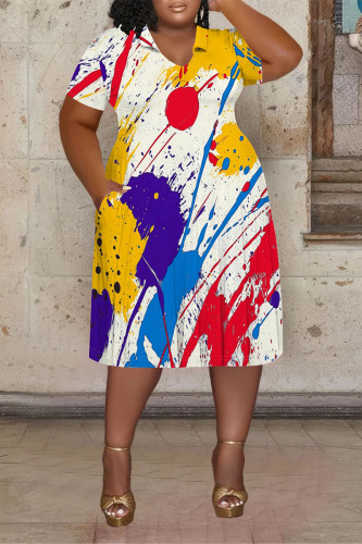 White Casual Plaid Floral Print Splashed ink Pocket V Neck Plus Size Straight Midi Dress