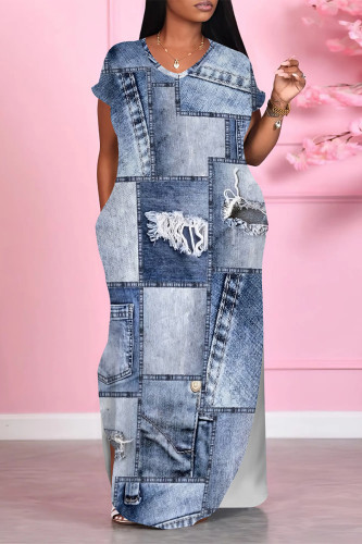 Baby Blue Casual Street Faux Denim Print Pocket V Neck Short Sleeve Straight Loose Maxi Dresses