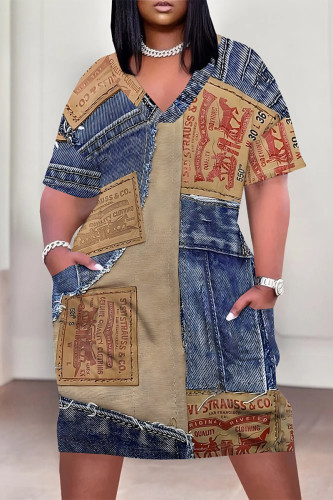 Blue Coffee Casual Street Faux Denim Print V Neck Short Sleeve Plus Size Straigh Midi Dresses