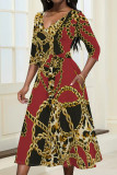 Red Floral Chain Print V Neck Half Sleeve Self-Tie Waist A-line Wrap Midi Dress