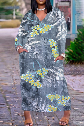Grey African Graphic Print V Neck Long Sleeve Casual Outing Plus Size Straight Loose Maxi Dresses
