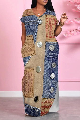 Multicolor Casual Street Faux Denim Print Pocket V Neck Short Sleeve Straight Loose Maxi Dresses