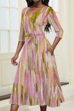 Red Floral Chain Print V Neck Half Sleeve Self-Tie Waist A-line Wrap Midi Dress