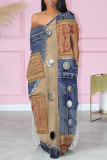 Blue Coffee Casual Street Faux Denim Print Pocket V Neck Short Sleeve Straight Loose Maxi Dresses