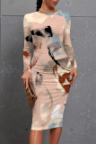 Green Plaid Floral Print Crewneck Long Sleeve Holiday Party Bodycon Midi Dresses