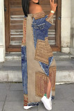 Multicolor Sexy Street Faux Denim Print Lace Up Slit Off Shoulder Long Sleeve Straight Maxi Dresses