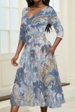 Red Floral Chain Print V Neck Half Sleeve Self-Tie Waist A-line Wrap Midi Dress
