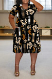 Black And White Casual Plaid Floral Print Splashed ink Pocket V Neck Plus Size Straight Midi Dress