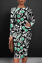 Green Plaid Floral Print Crewneck Long Sleeve Holiday Party Bodycon Midi Dresses