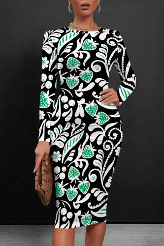 Green Plaid Floral Print Crewneck Long Sleeve Holiday Party Bodycon Midi Dresses