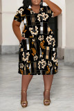 Black And White Casual Plaid Floral Print Splashed ink Pocket V Neck Plus Size Straight Midi Dress