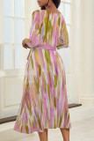 Red Floral Chain Print V Neck Half Sleeve Self-Tie Waist A-line Wrap Midi Dress