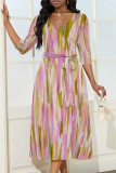 Red Floral Chain Print V Neck Half Sleeve Self-Tie Waist A-line Wrap Midi Dress