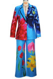 Blue Deep V Neck Long Sleeve Floral Blazer and Wide Leg Pants Relaxed Fit Office Lady Two Piece Pantsuit