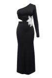 Black One-Shoulder Floral Appliqué Cut-Out Mermaid Hem Party Maxi Dress Single Long Sleeve Wedding Evening Gown