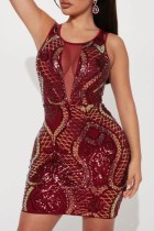 Burgundy Sleeveless Sequins Bodycon Mini Dress O Neck Formal Holiday Party Evening Gown