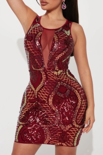 Burgundy Sleeveless Sequins Bodycon Mini Dress O Neck Formal Holiday Party Evening Gown