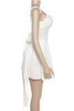 White Sweet Sleeveless Backless With Bow Square Collar Holiday Party Mini Dress